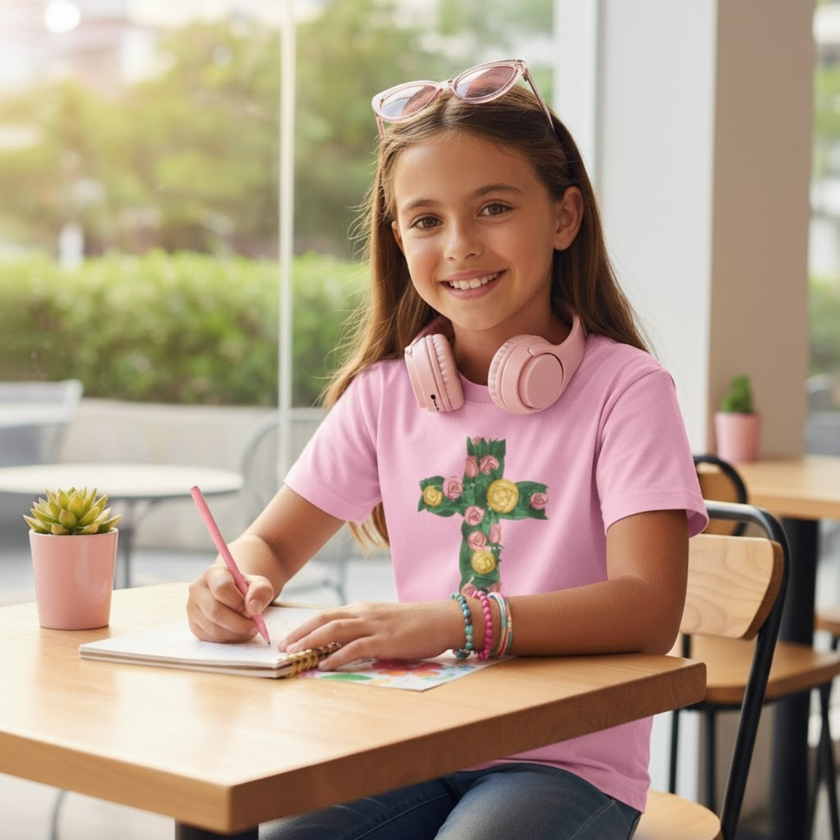 Camiseta infantil con cruz floral | Camiseta cristiana inspirada en la fe para niñas