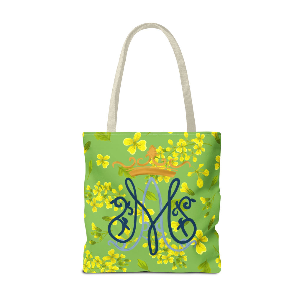 Bolso tote con monograma mariano floral verde – Colección Reina del Cielo