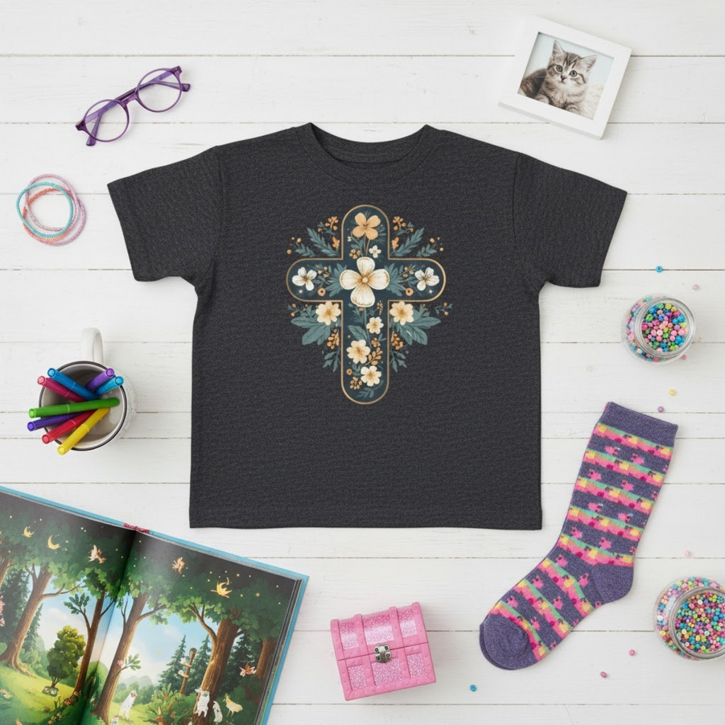 Camiseta infantil con cruz floral y fe | Elegante camiseta cristiana de primavera