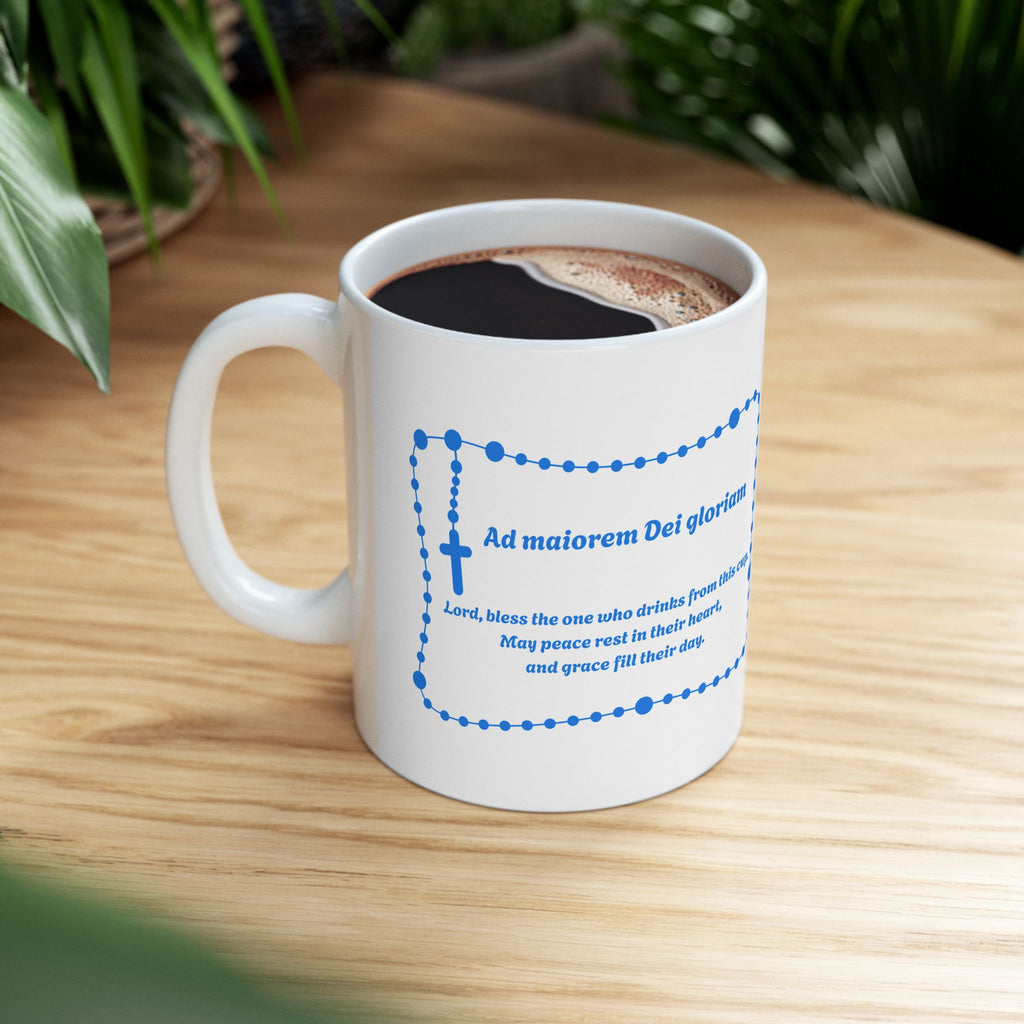 Taza de cerámica mariana azul | Taza con oración "Ad Majorem Dei Gloriam" | Taza de café católica para uso diario