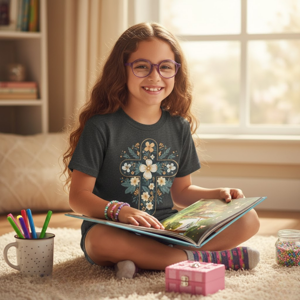 Camiseta infantil con cruz floral y fe | Elegante camiseta cristiana de primavera