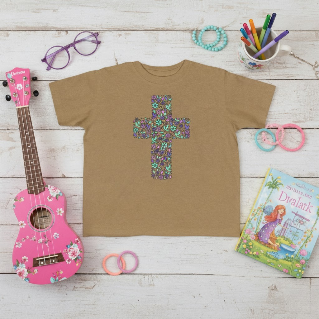 Camiseta cristiana infantil con cruz floral | Camiseta de primavera inspirada en la fe para niñas