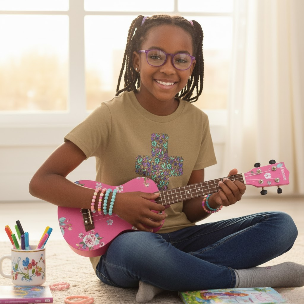 Camiseta cristiana infantil con cruz floral | Camiseta de primavera inspirada en la fe para niñas