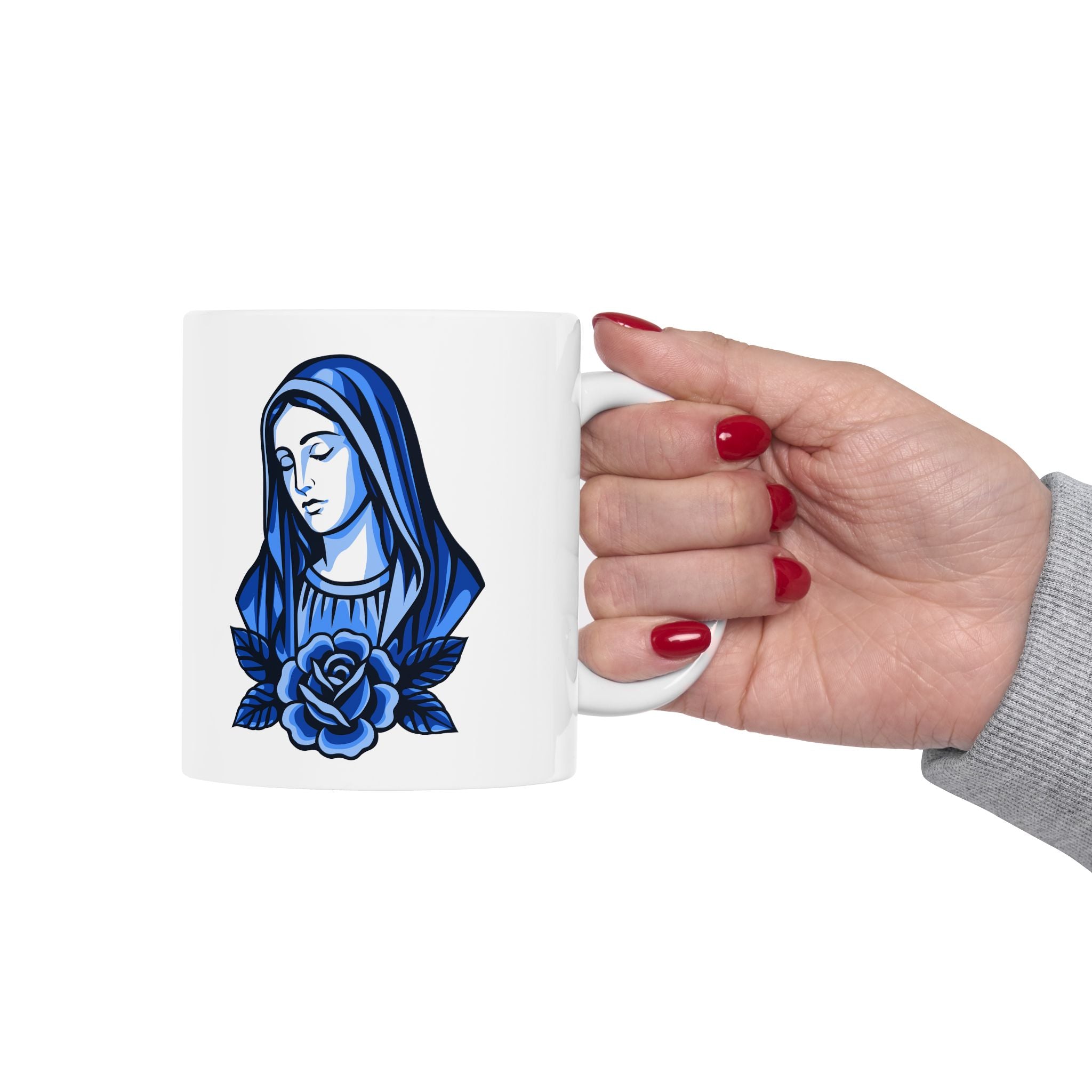 Blue Marian Ceramic Mug | Ad Majorem Dei Gloriam Prayer Mug | Catholic Coffee Cup for Everyday Use