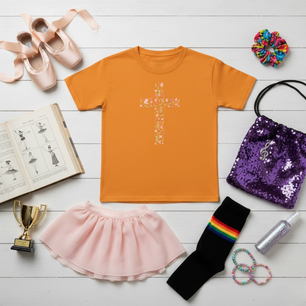 Camiseta infantil con cruz floral | Camiseta cristiana de inspiración religiosa para niñas