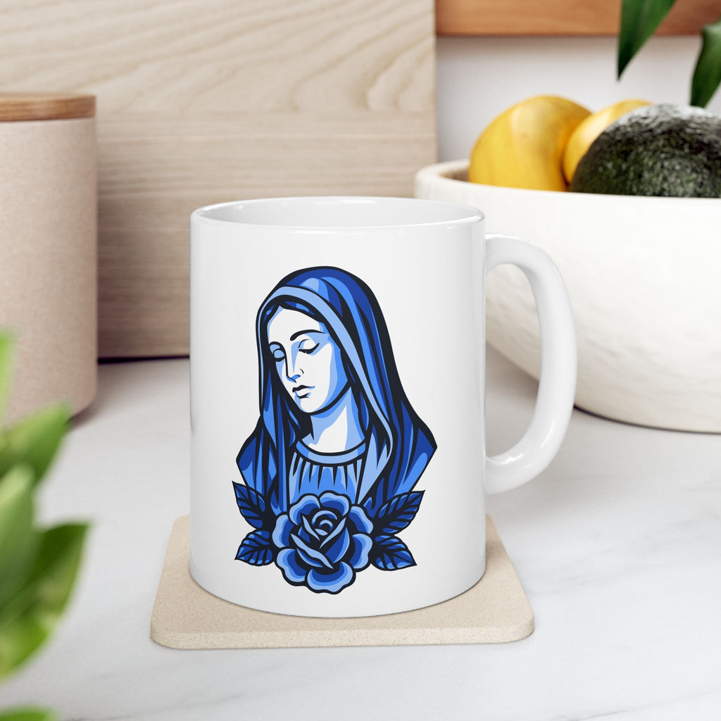 Taza de cerámica mariana azul | Taza con oración "Ad Majorem Dei Gloriam" | Taza de café católica para uso diario