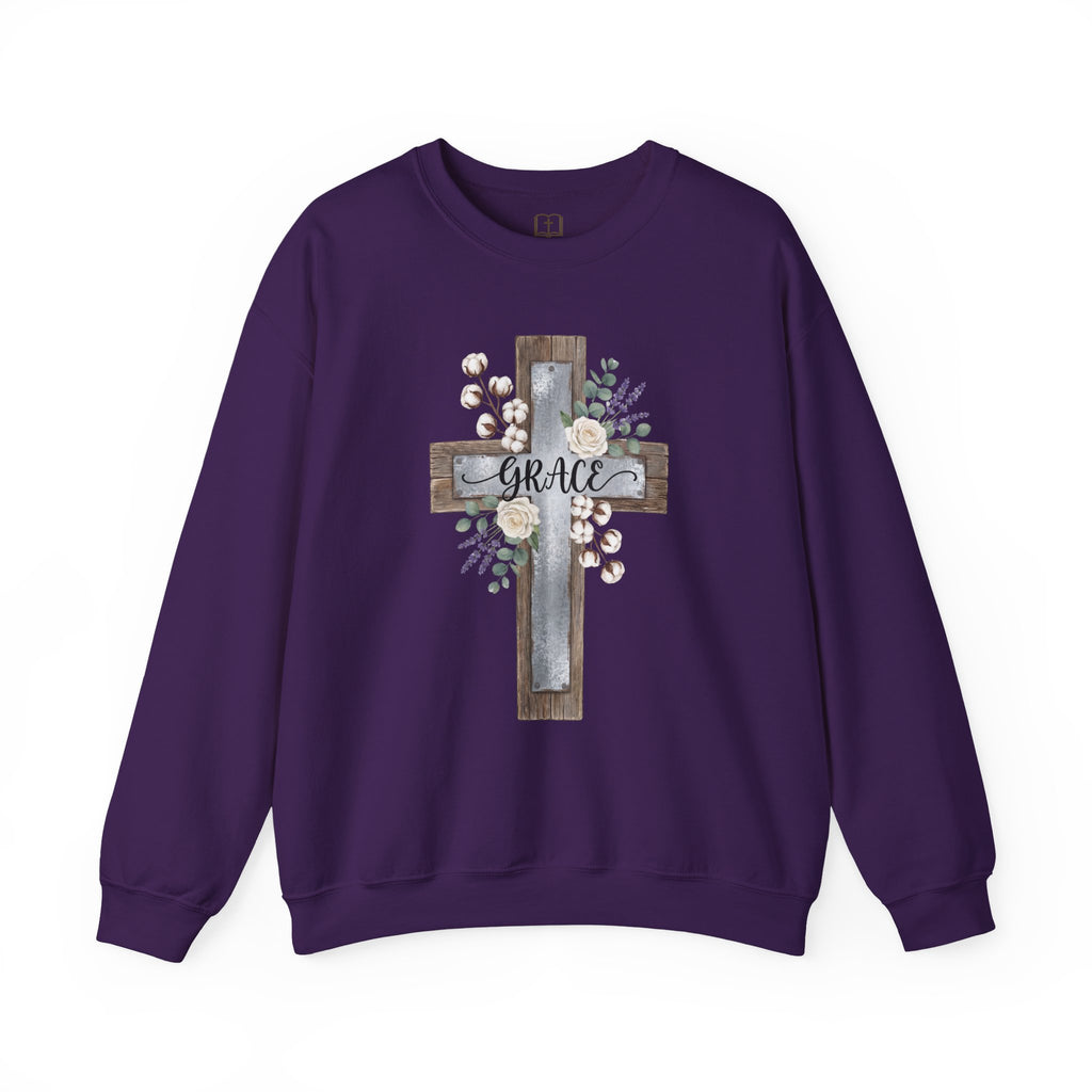 Sudadera católica con estampado floral Grace Cross - Cuello redondo de algodón y lavanda