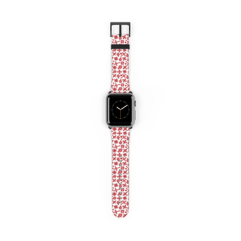 Apple Watch band with red Christian cross pattern on white background, faith inspired faux leather strap by Everyday Catholic Family.
