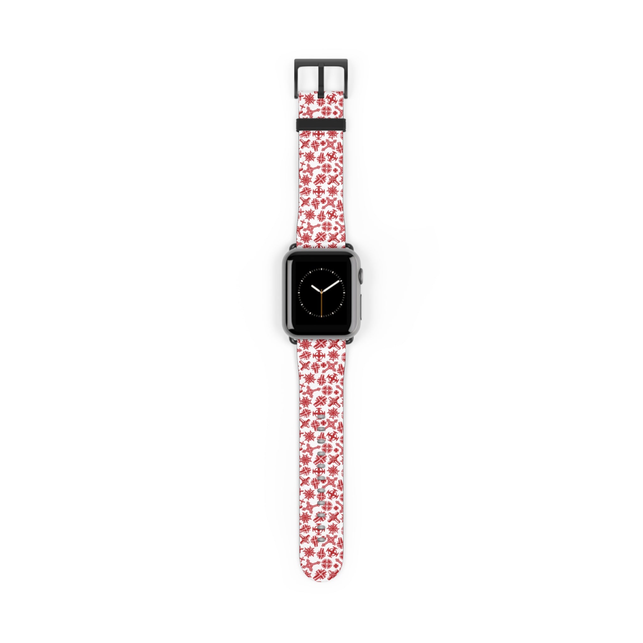 Apple Watch band with red Christian cross pattern on white background, faith inspired faux leather strap by Everyday Catholic Family.