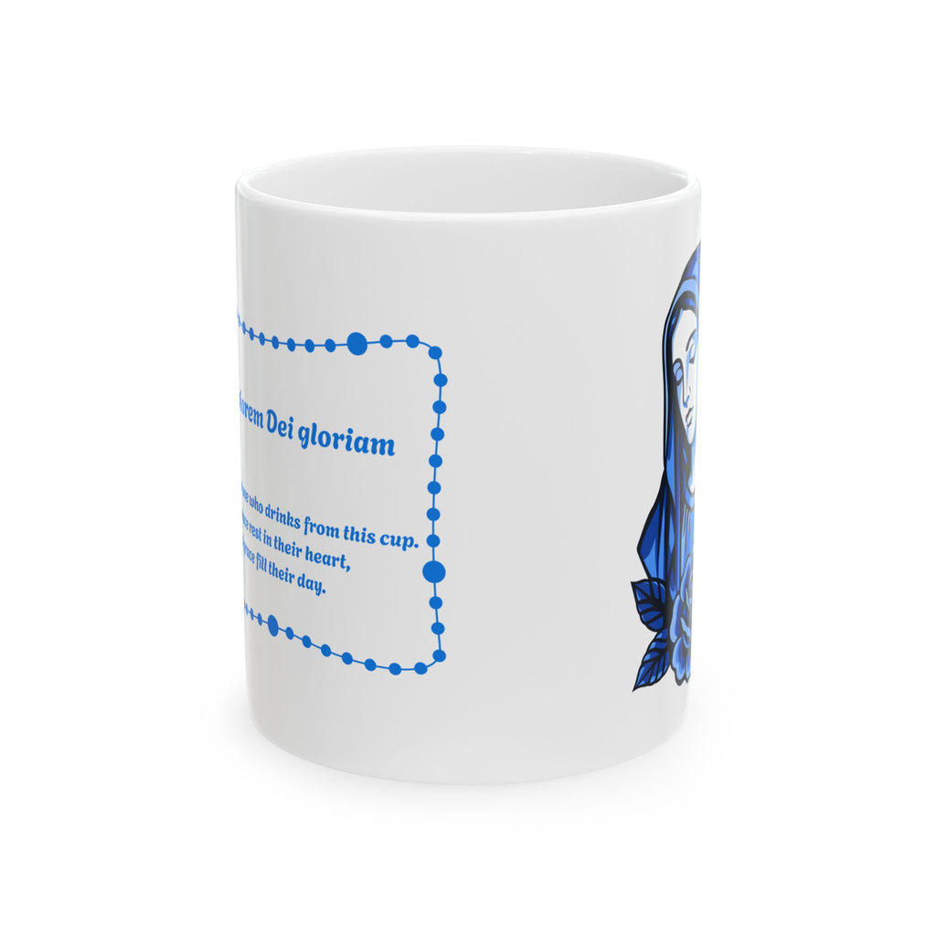 Taza de cerámica mariana azul | Taza con oración "Ad Majorem Dei Gloriam" | Taza de café católica para uso diario