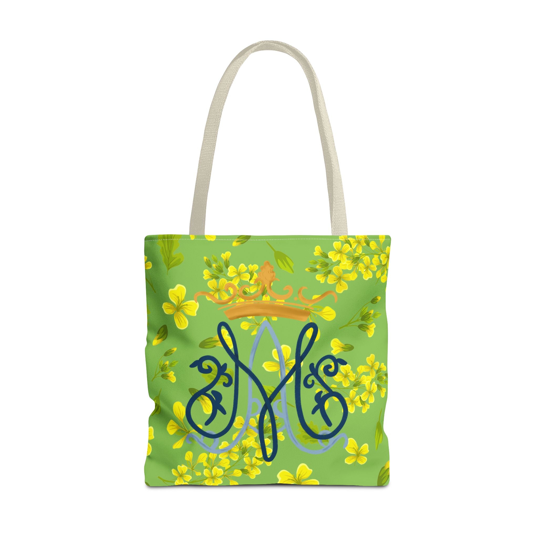 Bolso tote con monograma mariano floral verde – Colección Reina del Cielo