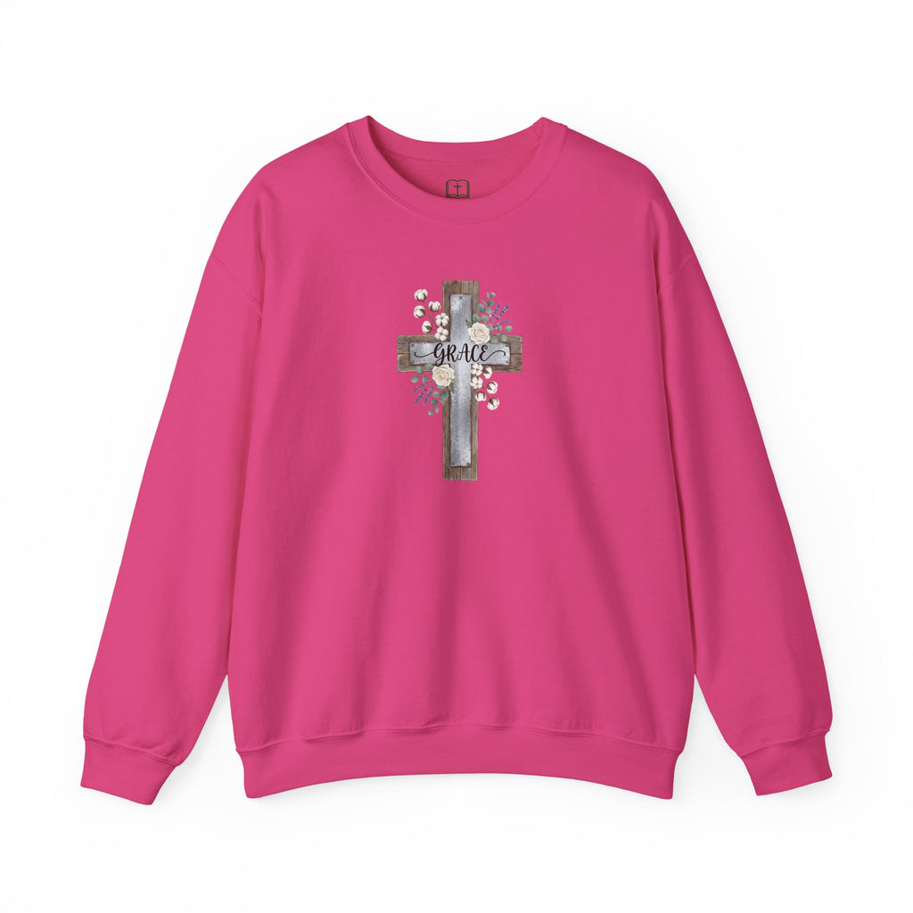 Sudadera católica con estampado floral Grace Cross - Cuello redondo de algodón y lavanda
