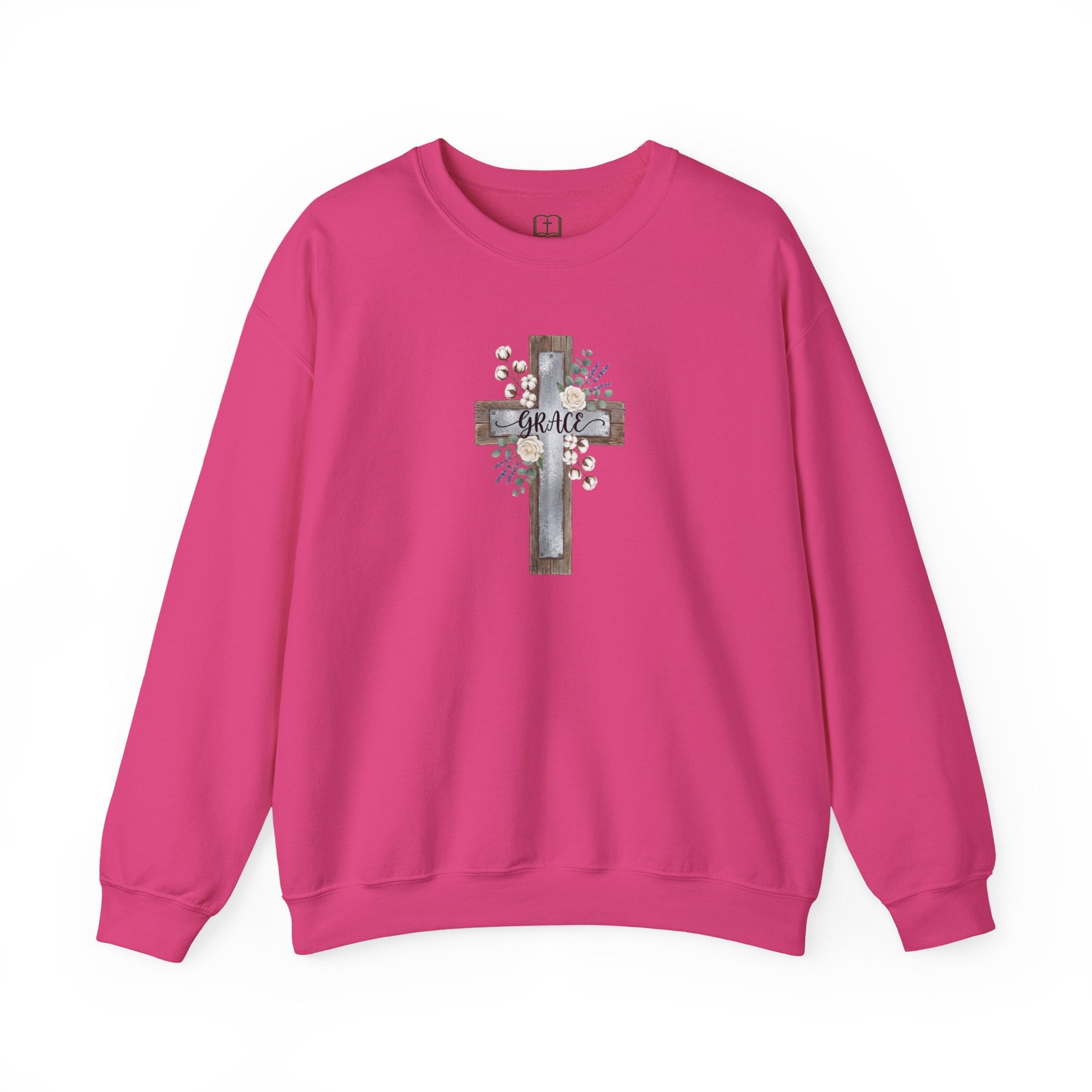 Sudadera católica con estampado floral Grace Cross - Cuello redondo de algodón y lavanda