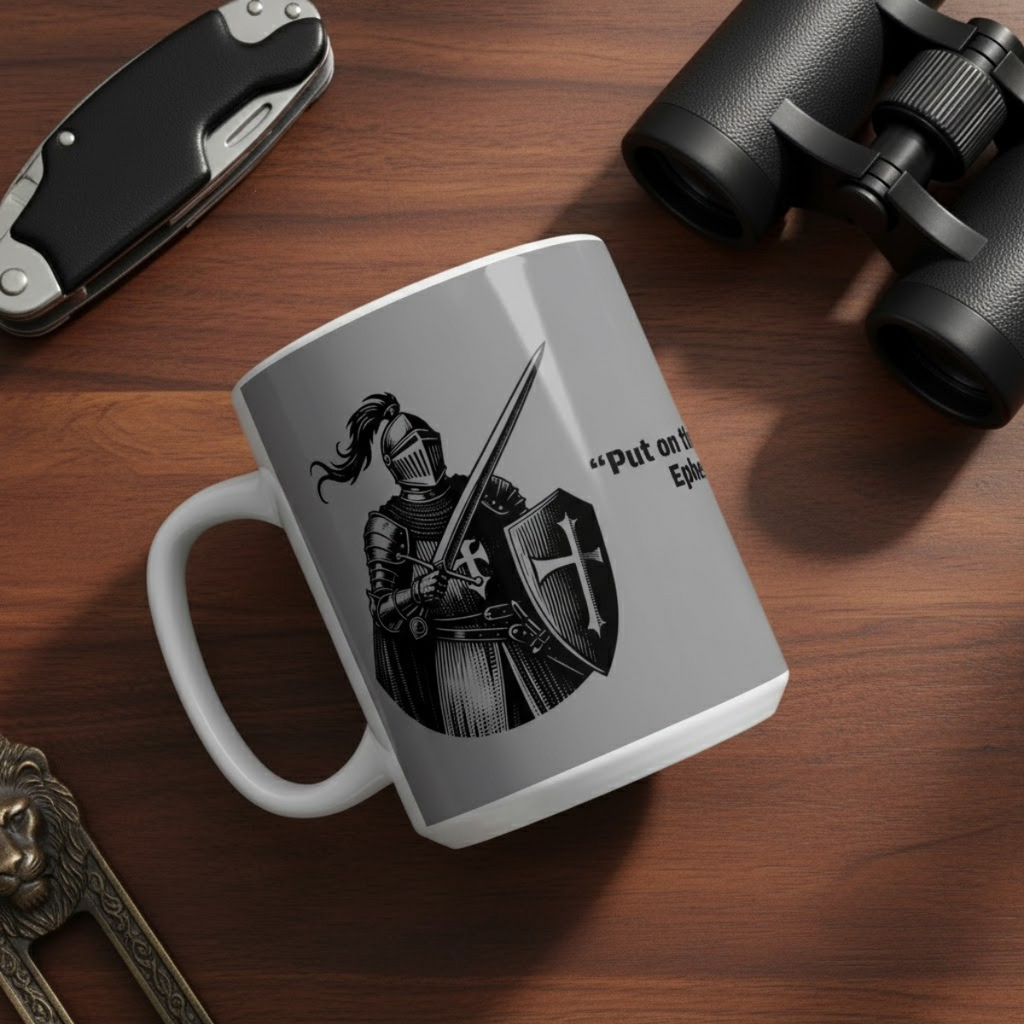 Taza Efesios 6:11 – Edición Armadura de Dios | Taza Guerrero Cristiano para Hombre