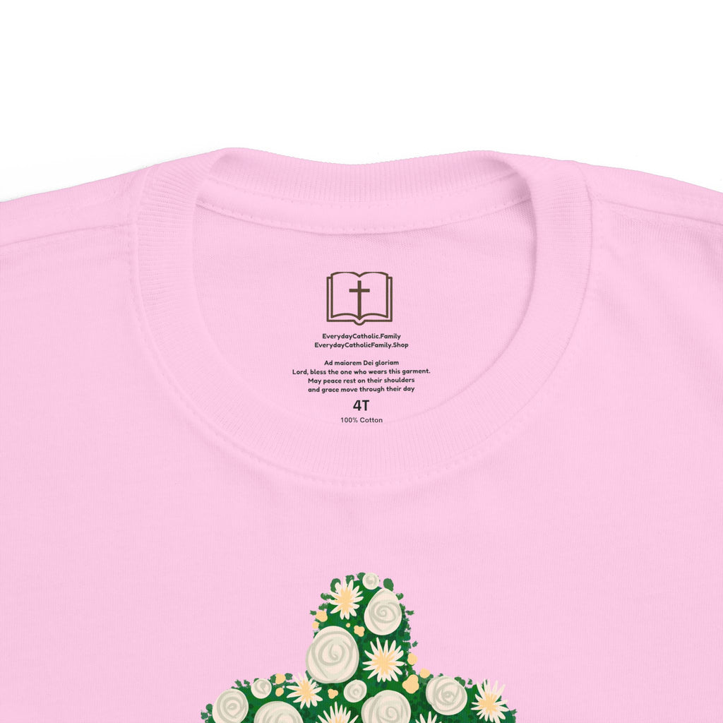Camiseta para niño con diseño de cruz floral verde inspirada en la fe