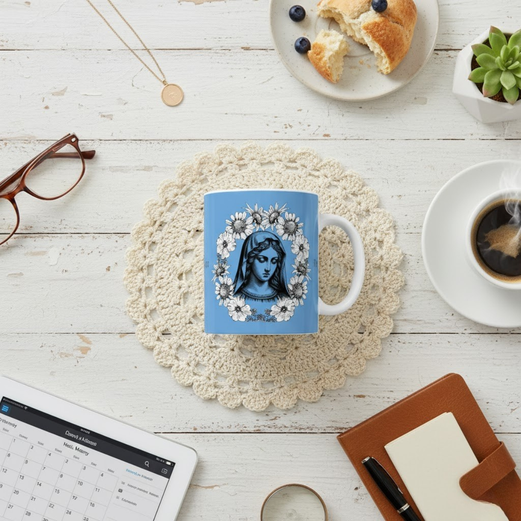 Taza Ave María – Diseño floral de la Virgen María | Taza católica de cerámica de 325 y 430 ml