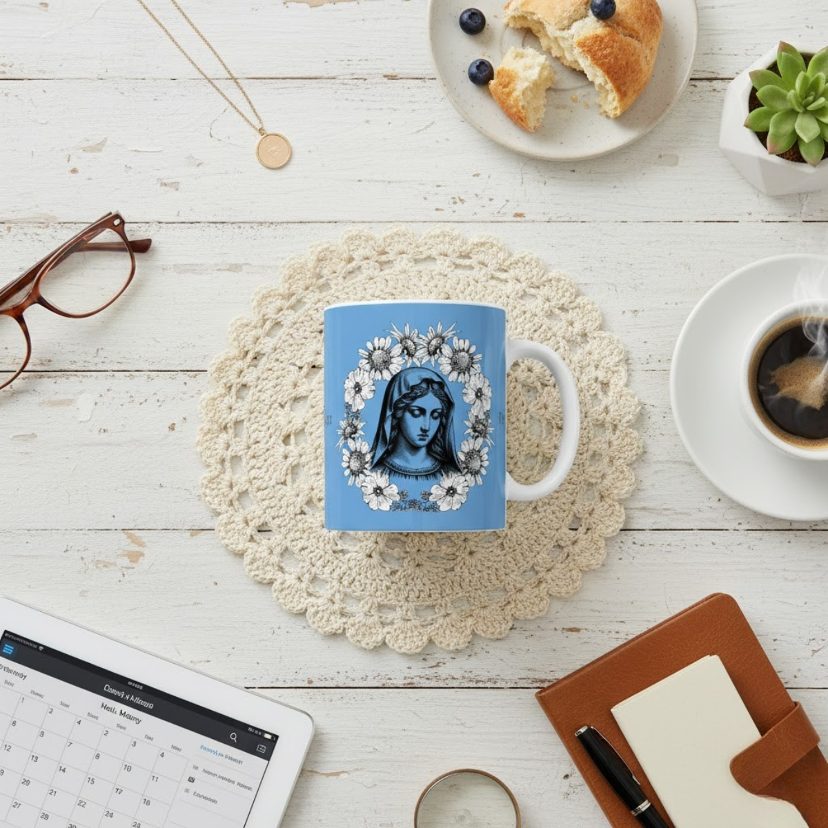 Taza Ave María – Diseño floral de la Virgen María | Taza católica de cerámica de 325 y 430 ml