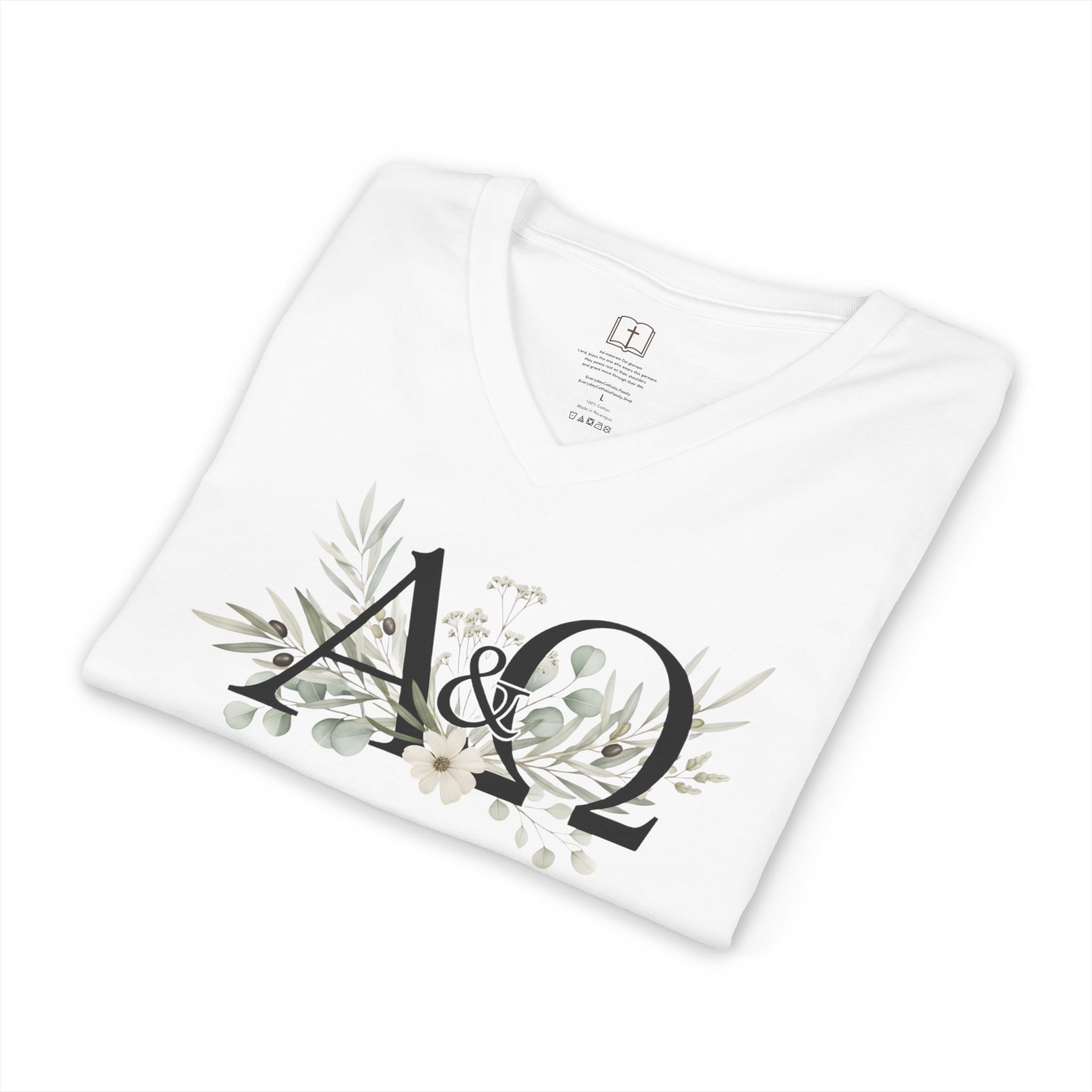 Alpha & Omega Floral V-Neck Tee | Subtle Christian Faith Shirt