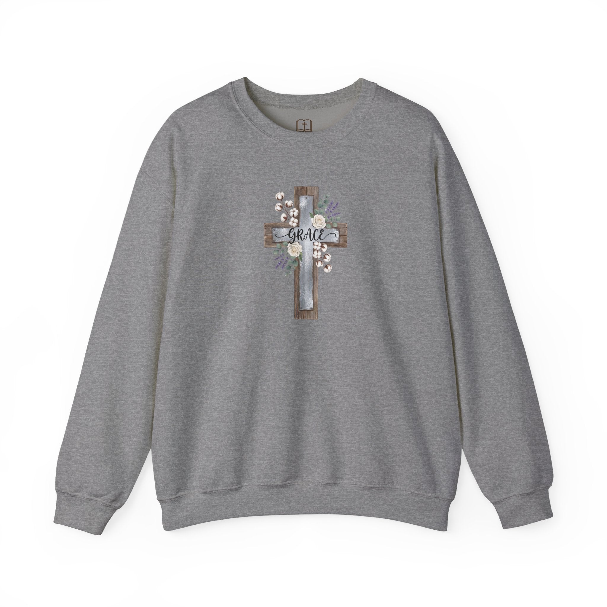 Sudadera católica con estampado floral Grace Cross - Cuello redondo de algodón y lavanda