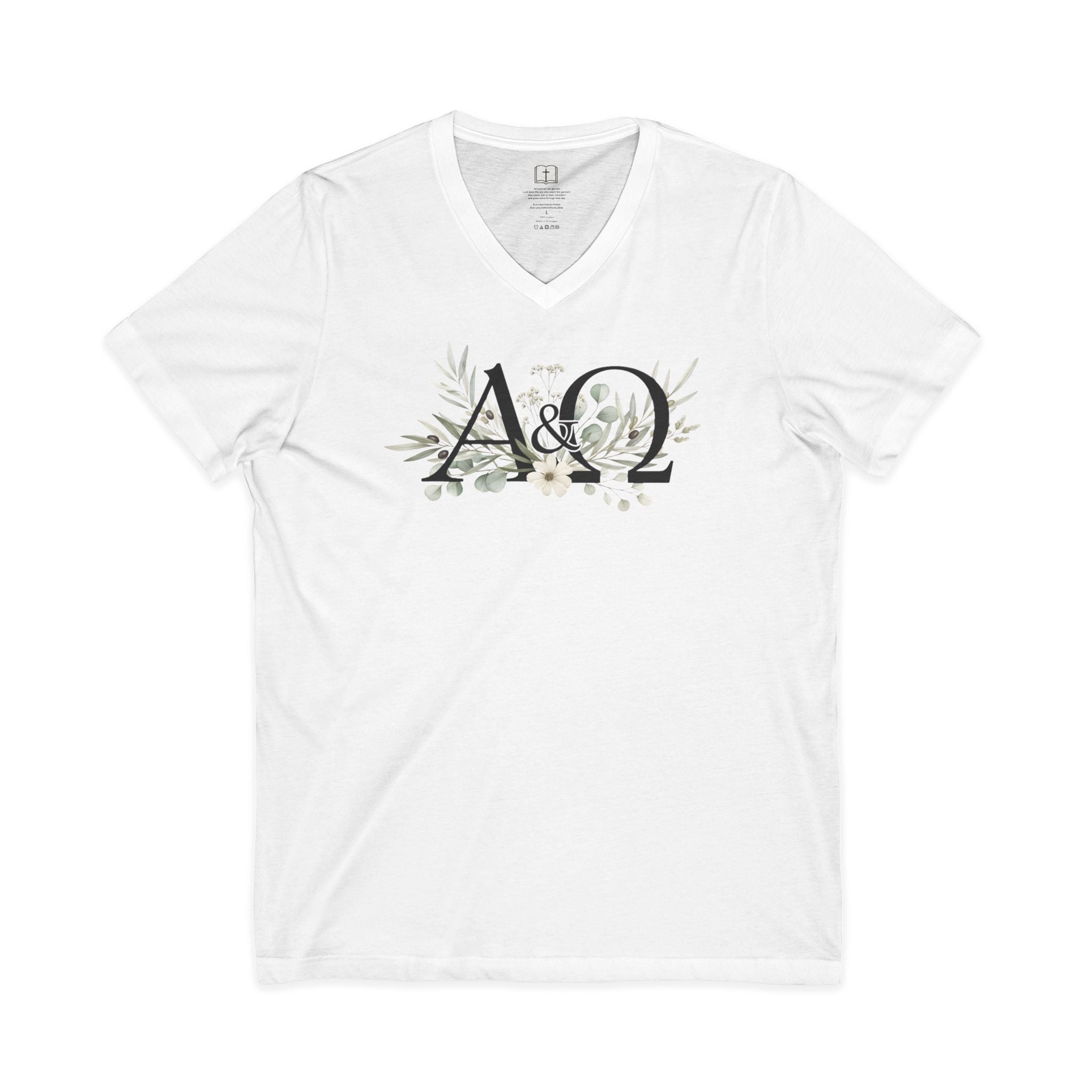 Alpha & Omega Floral V-Neck Tee | Subtle Christian Faith Shirt
