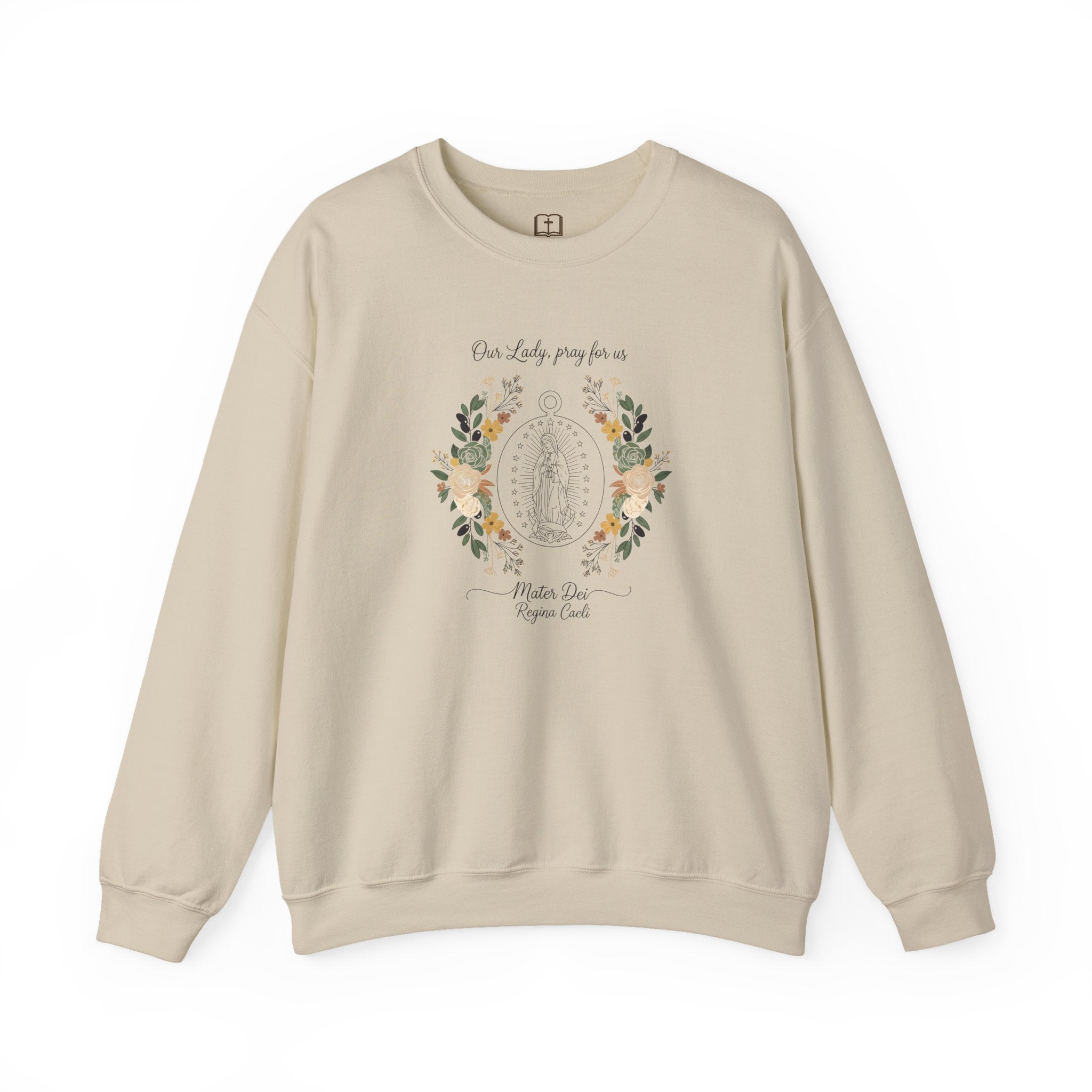 Our Lady, Pray for Us Floral Miraculous Medal Catholic Crewneck Sweatshirt