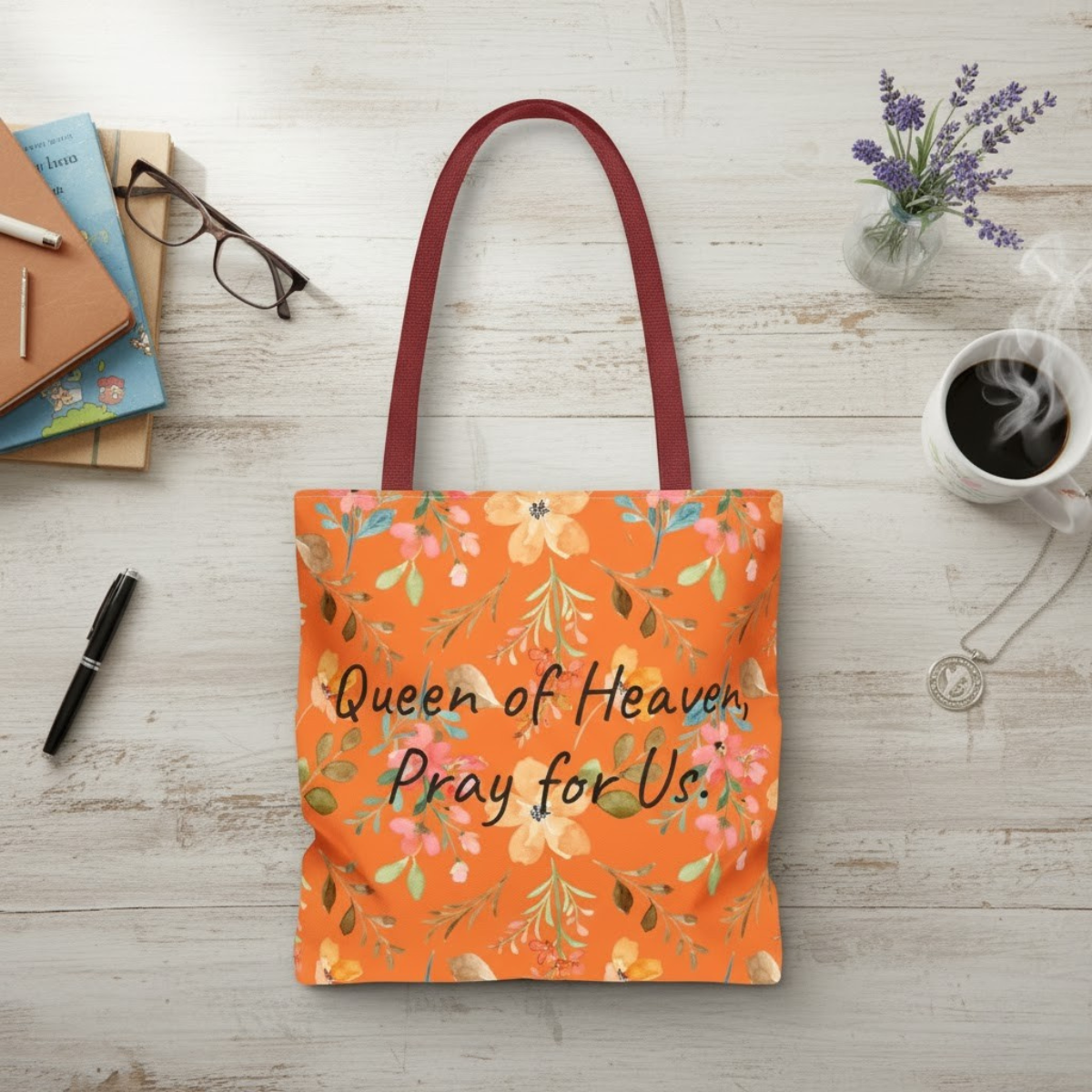 Bolso Tote Reina del Cielo – Diseño Floral Mariano | Bolso Tote Fe Católica para Mujer