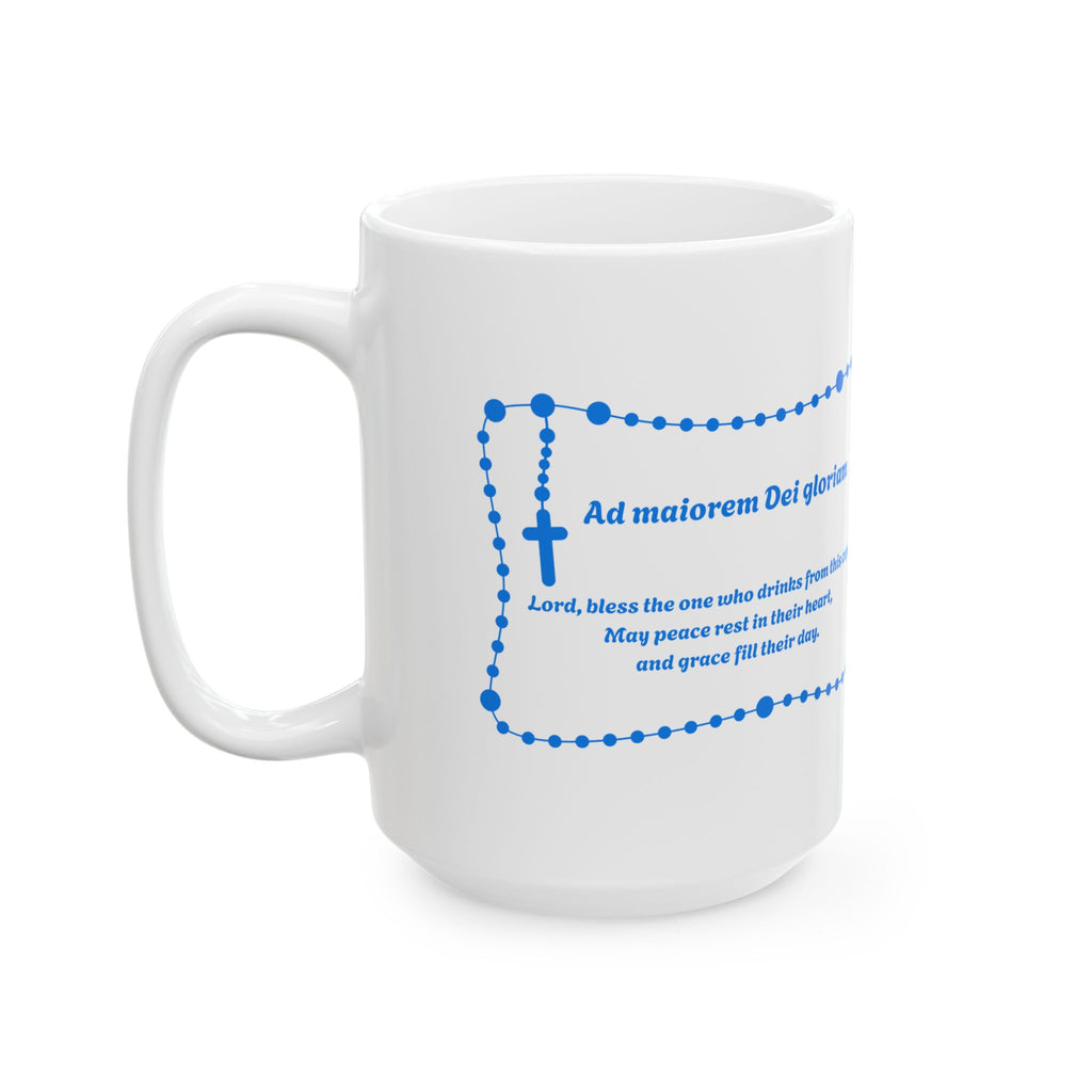Taza de cerámica mariana azul | Taza con oración "Ad Majorem Dei Gloriam" | Taza de café católica para uso diario