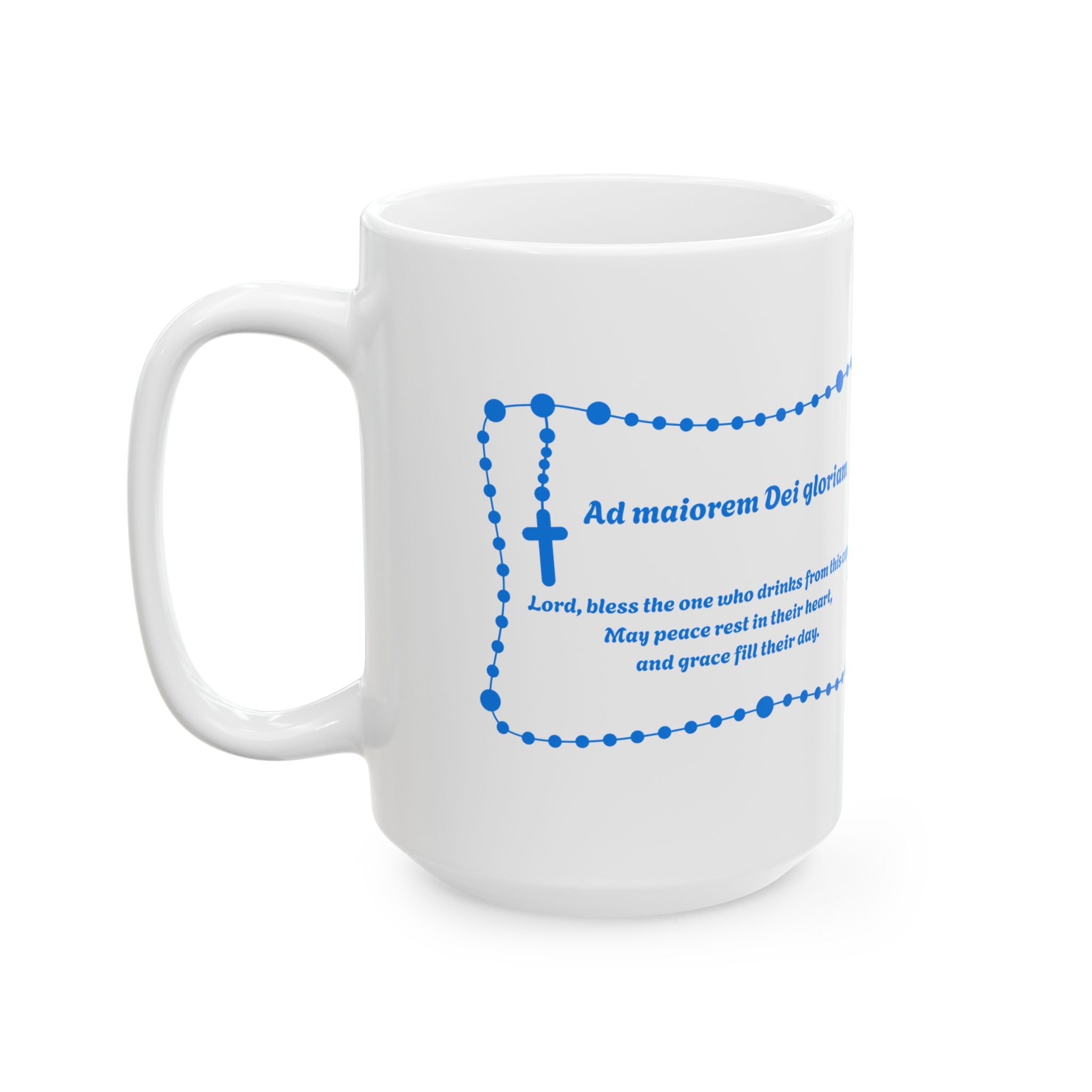 Taza de cerámica mariana azul | Taza con oración "Ad Majorem Dei Gloriam" | Taza de café católica para uso diario