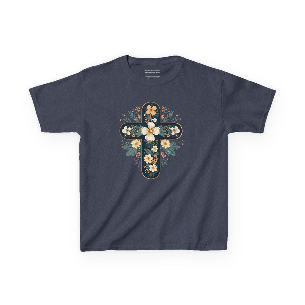 Camiseta infantil con cruz floral y fe | Elegante camiseta cristiana de primavera