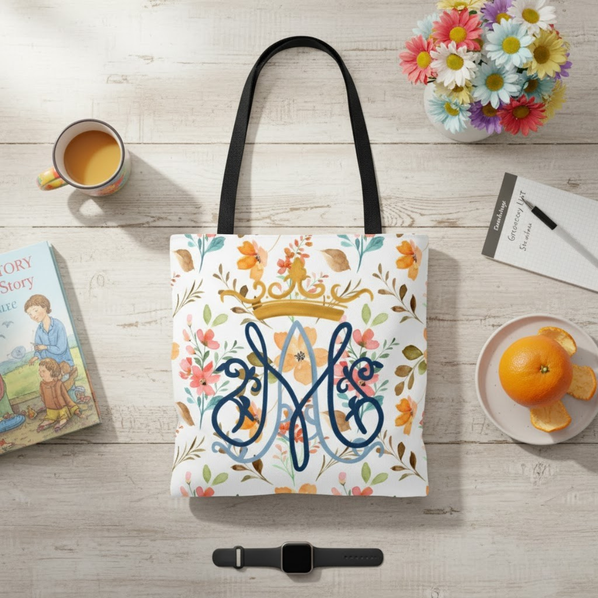 Bolso tote con monograma floral mariano – Colección Reina del Cielo