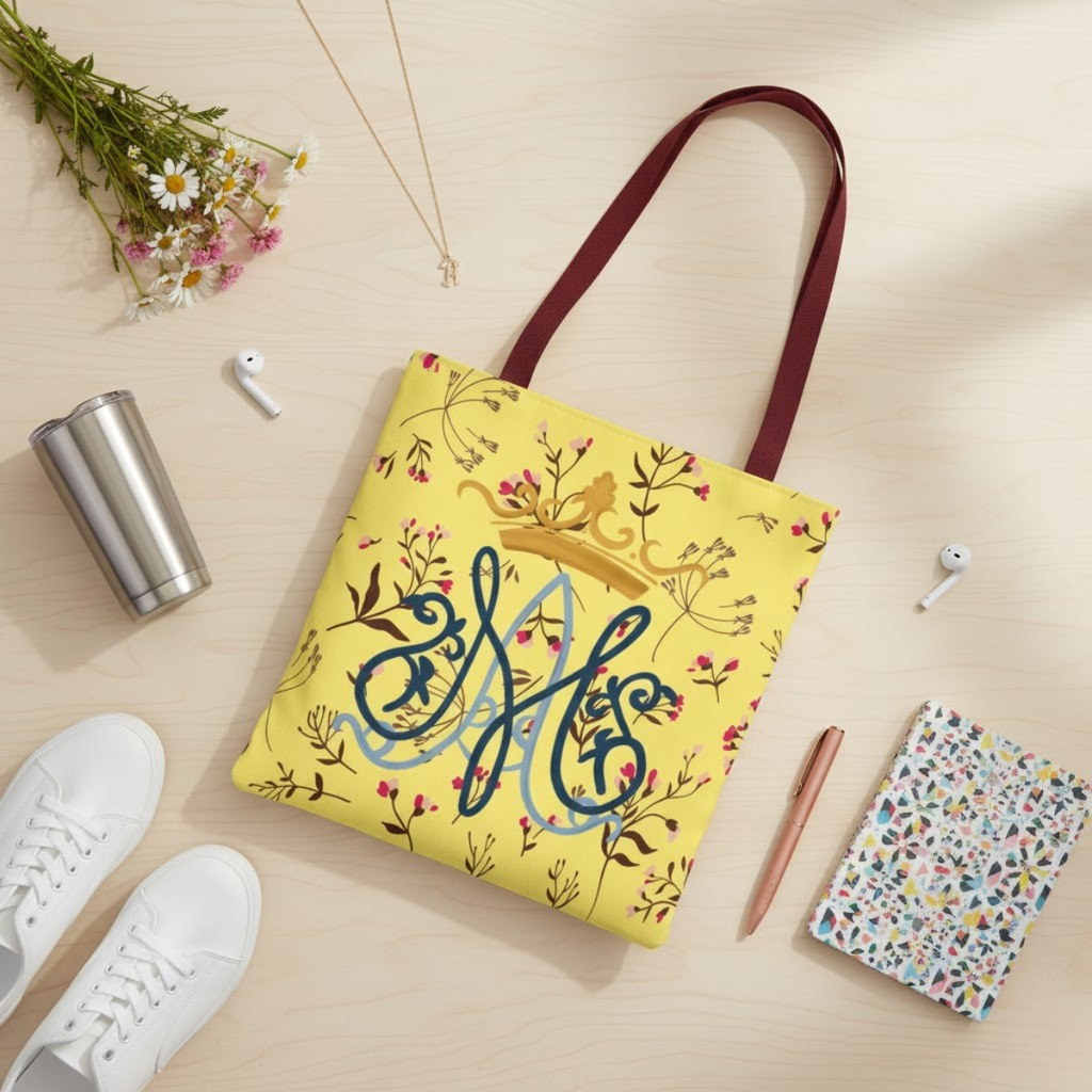 Bolso tote con monograma mariano floral dorado – Colección Reina del Cielo