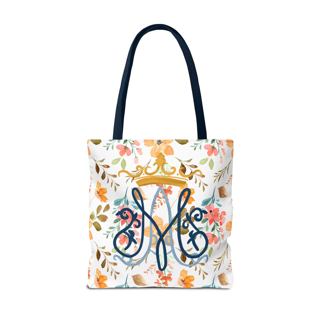 Bolso tote con monograma floral mariano – Colección Reina del Cielo