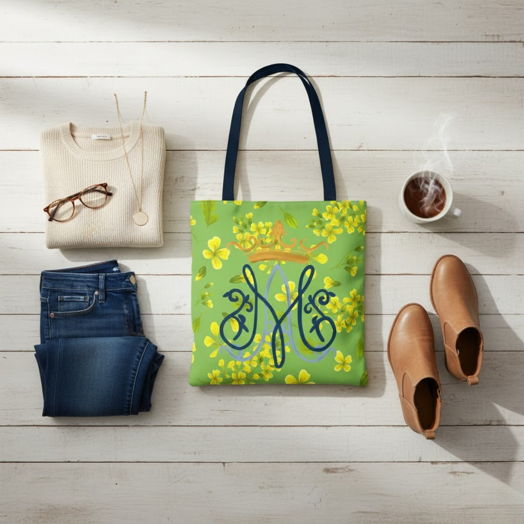 Bolso tote con monograma mariano floral verde – Colección Reina del Cielo