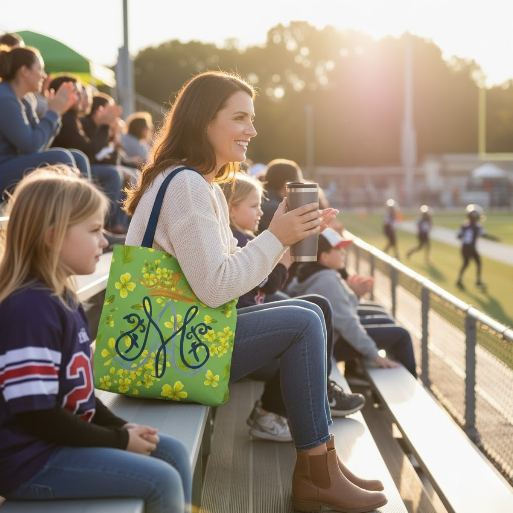 Bolso tote con monograma mariano floral verde – Colección Reina del Cielo