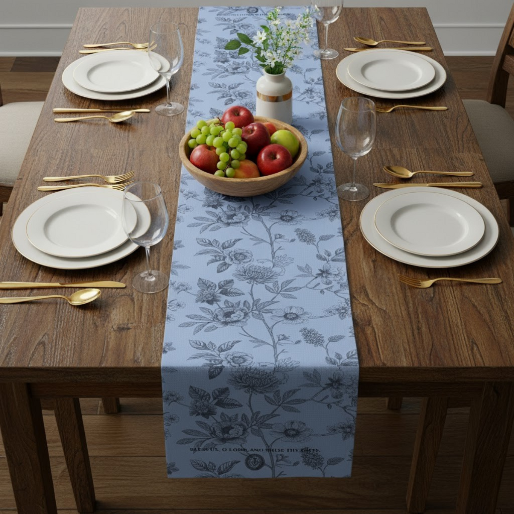 Camino de mesa de algodón floral: elegante diseño botánico azul