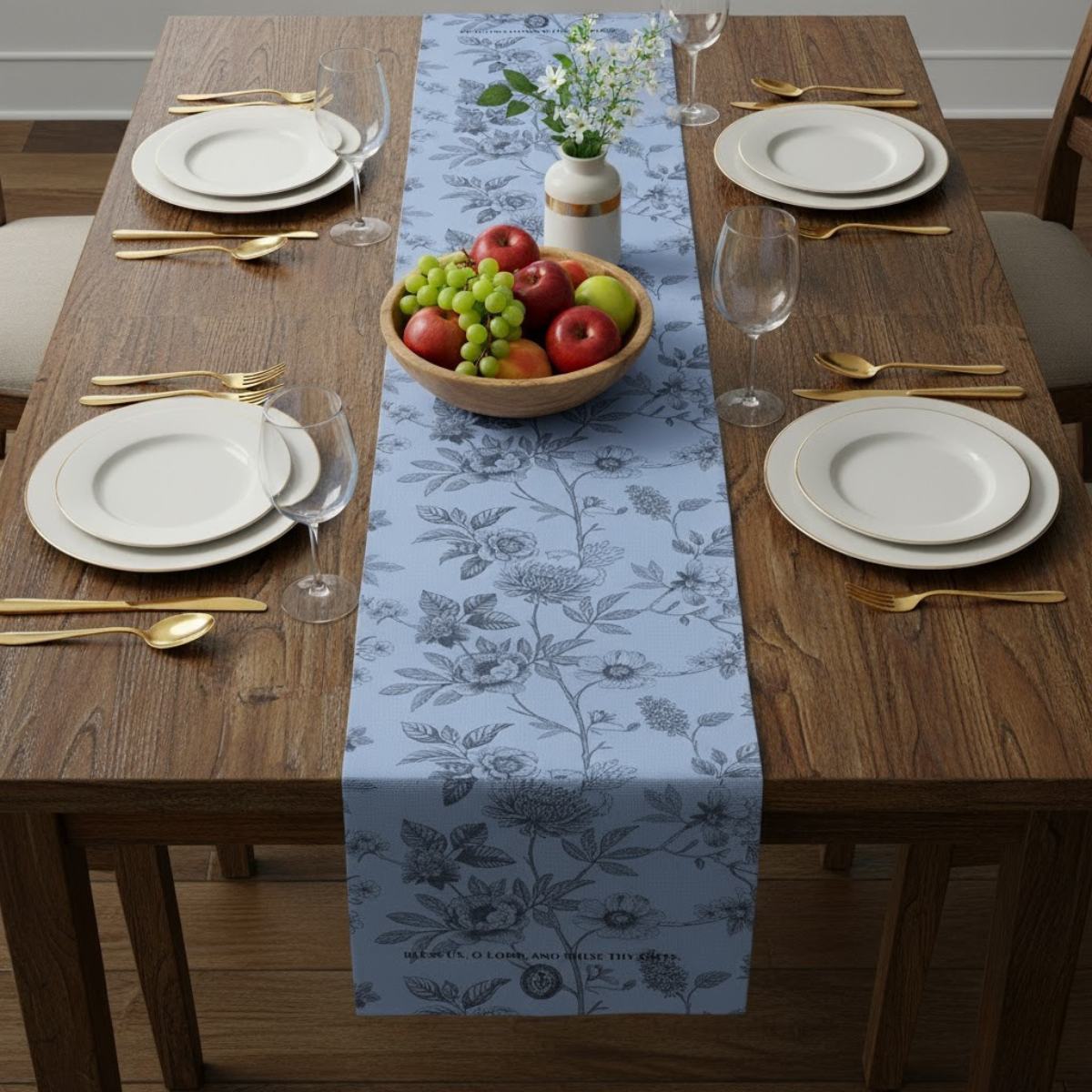 Camino de mesa de algodón floral: elegante diseño botánico azul