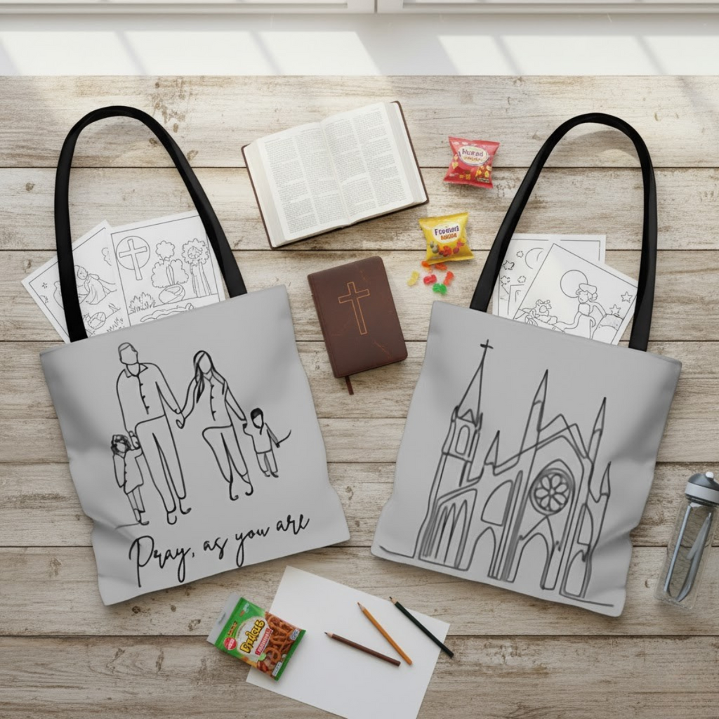 Gray Catholic tote bag with family line-art and “Pray, As You Are” text, reverse side showing cathedral illustration, Everyday Catholic Family design.