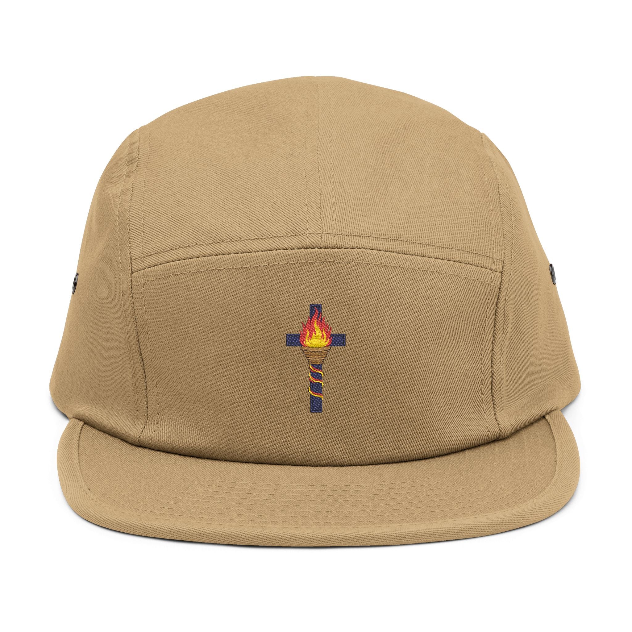 Gorra de cinco paneles con cruz de llama bordada - Sombrero católico moderno 