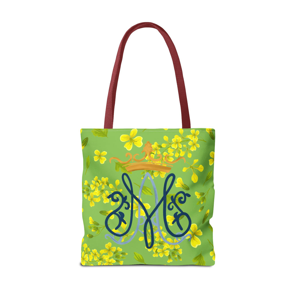 Bolso tote con monograma mariano floral verde – Colección Reina del Cielo