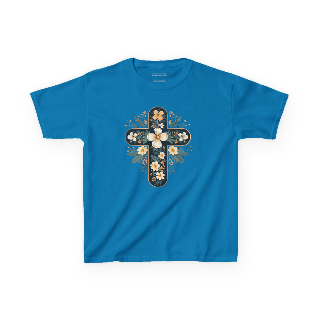 Camiseta infantil con cruz floral y fe | Elegante camiseta cristiana de primavera