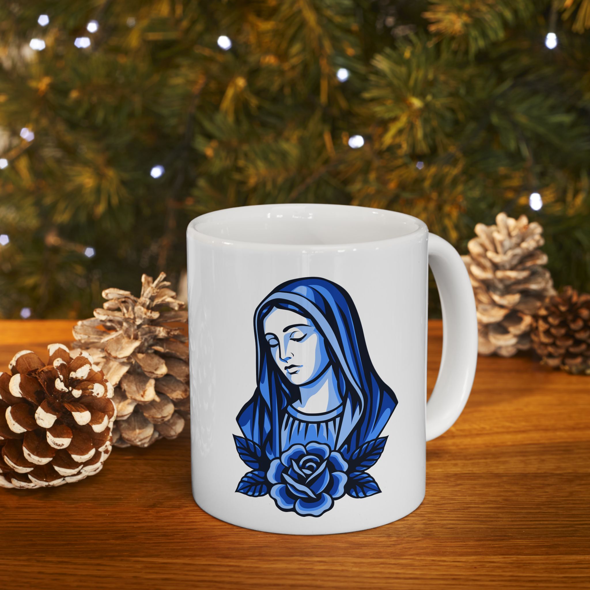 Blue Marian Ceramic Mug | Ad Majorem Dei Gloriam Prayer Mug | Catholic Coffee Cup for Everyday Use