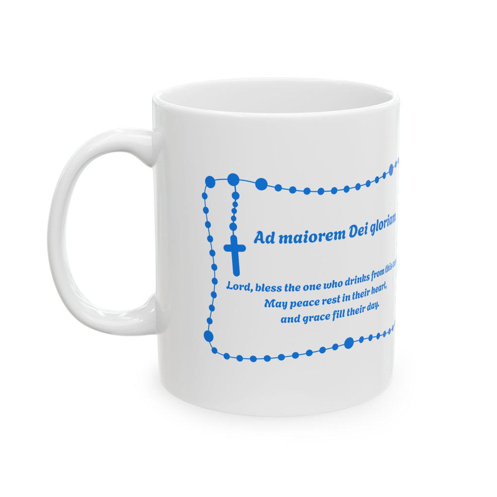 Taza de cerámica mariana azul | Taza con oración "Ad Majorem Dei Gloriam" | Taza de café católica para uso diario