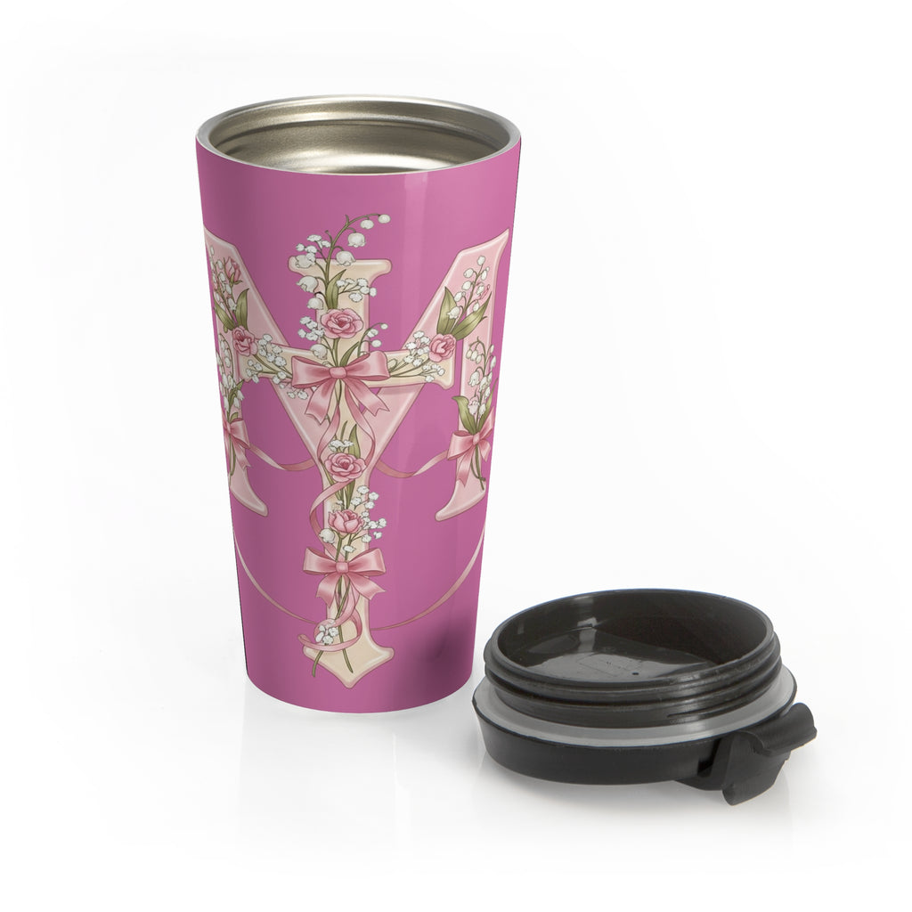 Taza de viaje con monograma floral de la Virgen María | Taza de viaje rosa con inspiración religiosa 