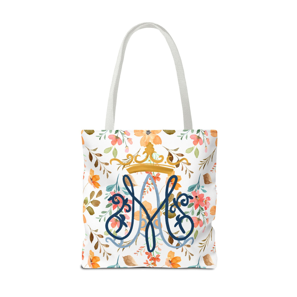Bolso tote con monograma floral mariano – Colección Reina del Cielo