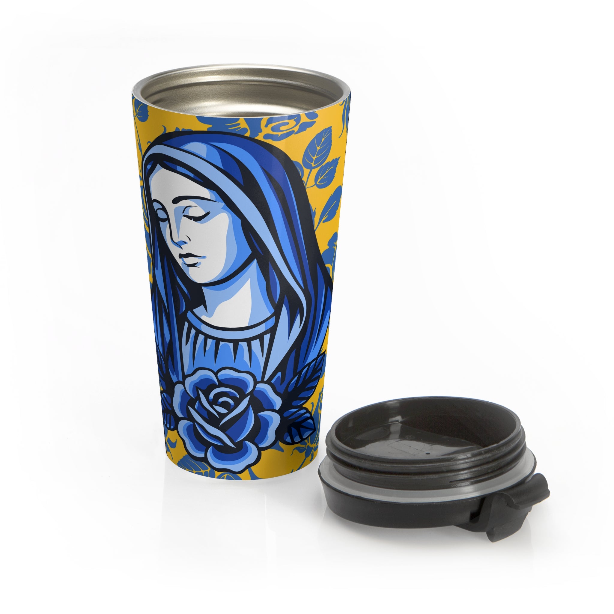 Taza de viaje moderna con diseño floral de la Virgen María | Vaso católico 