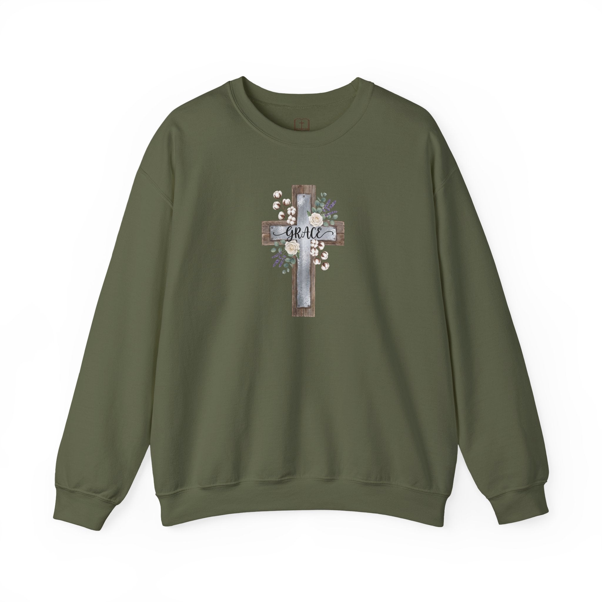 Sudadera católica con estampado floral Grace Cross - Cuello redondo de algodón y lavanda