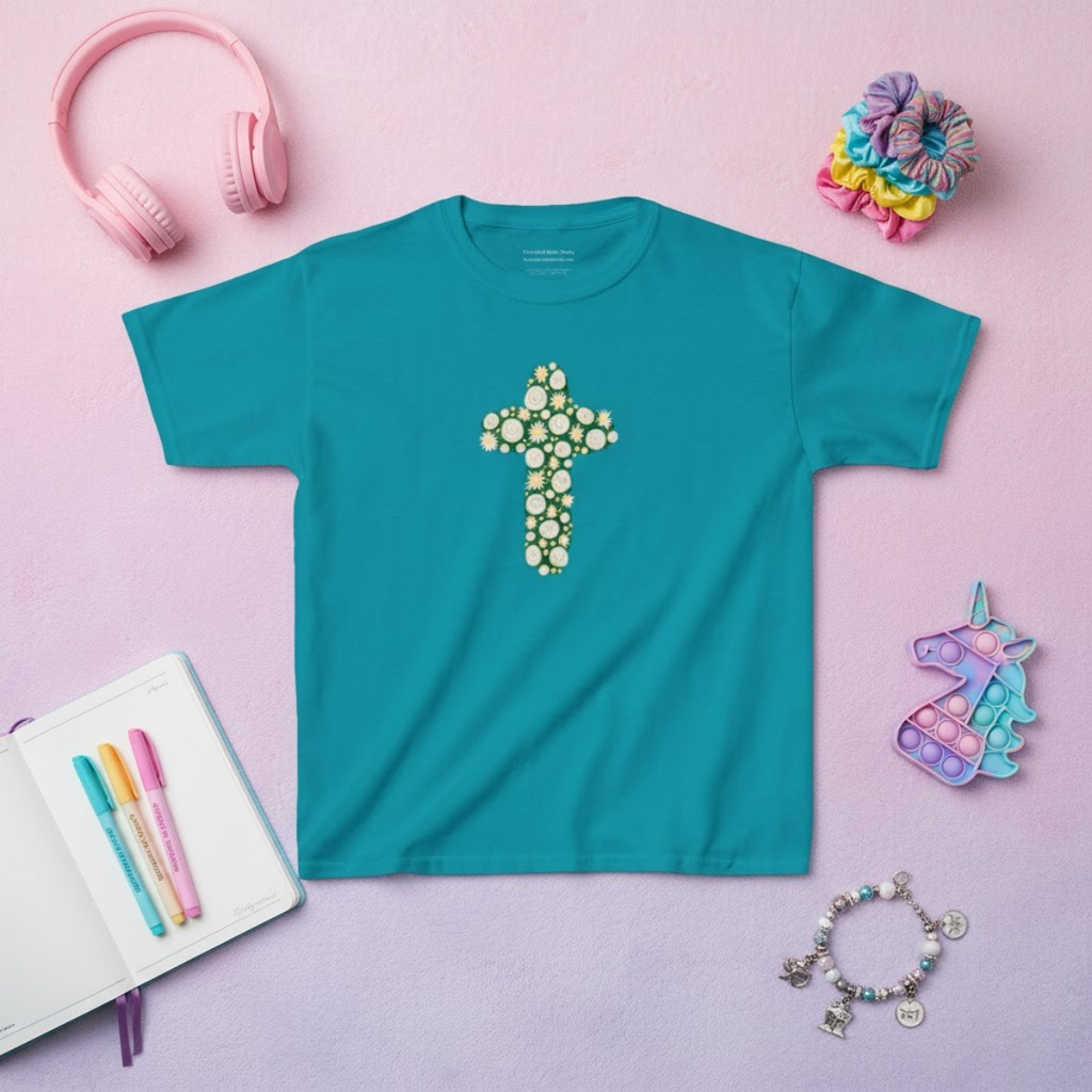 Camiseta para niño con diseño de cruz floral verde inspirada en la fe