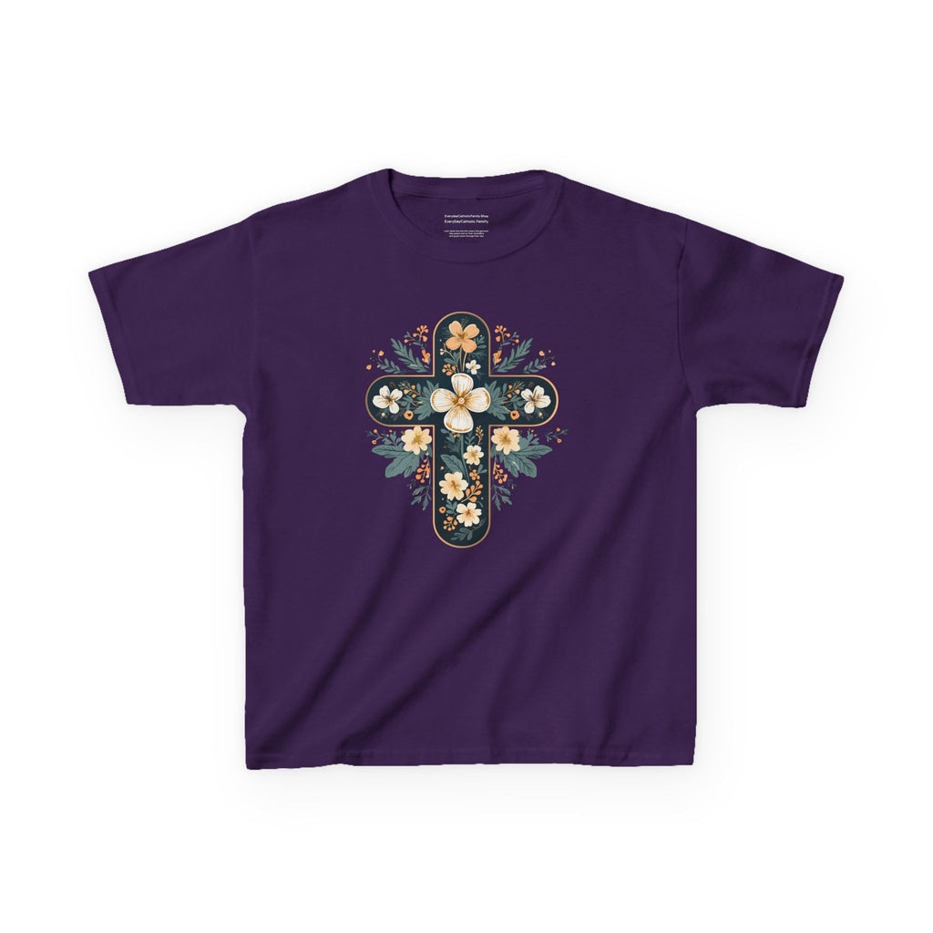 Camiseta infantil con cruz floral y fe | Elegante camiseta cristiana de primavera