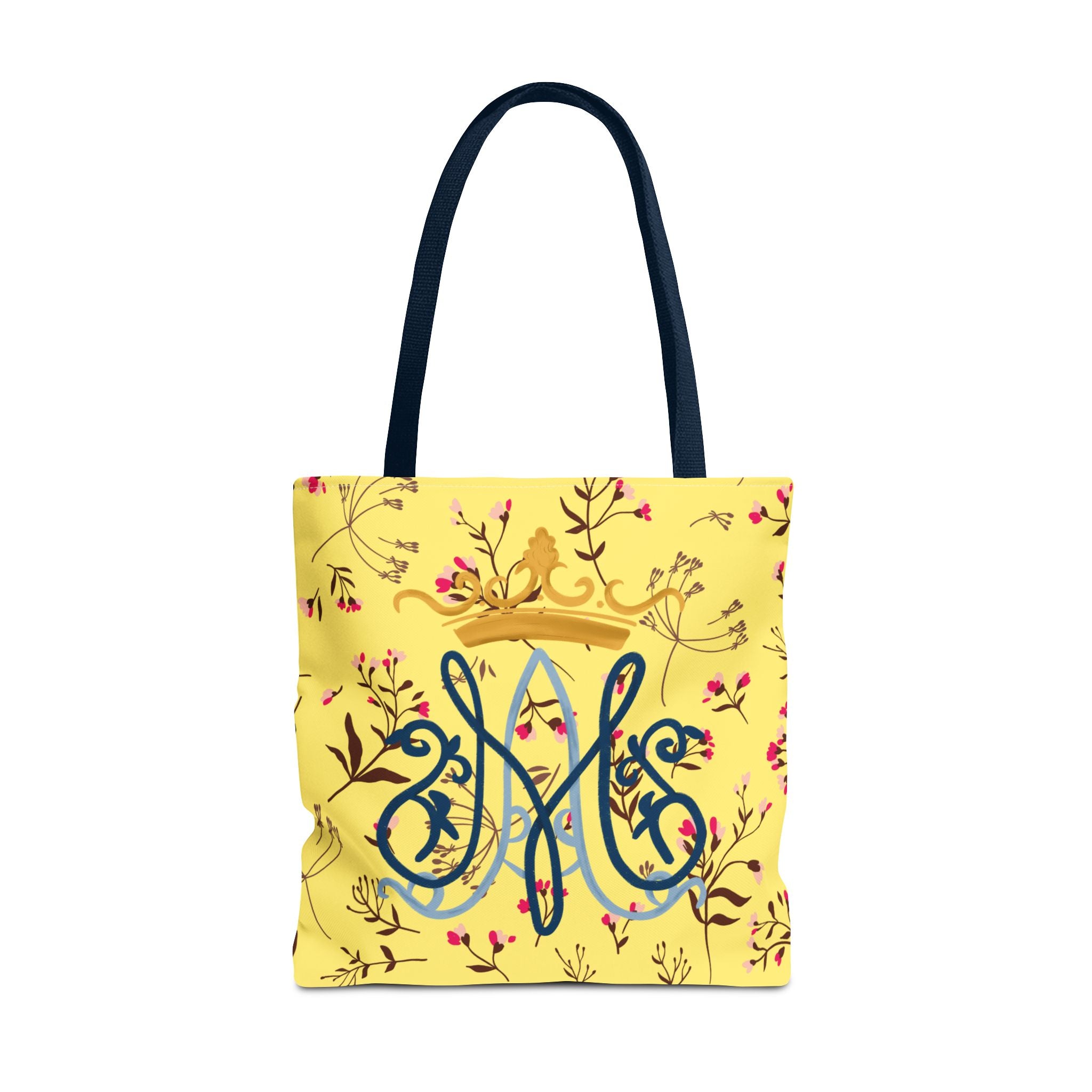 Bolso tote con monograma mariano floral dorado – Colección Reina del Cielo