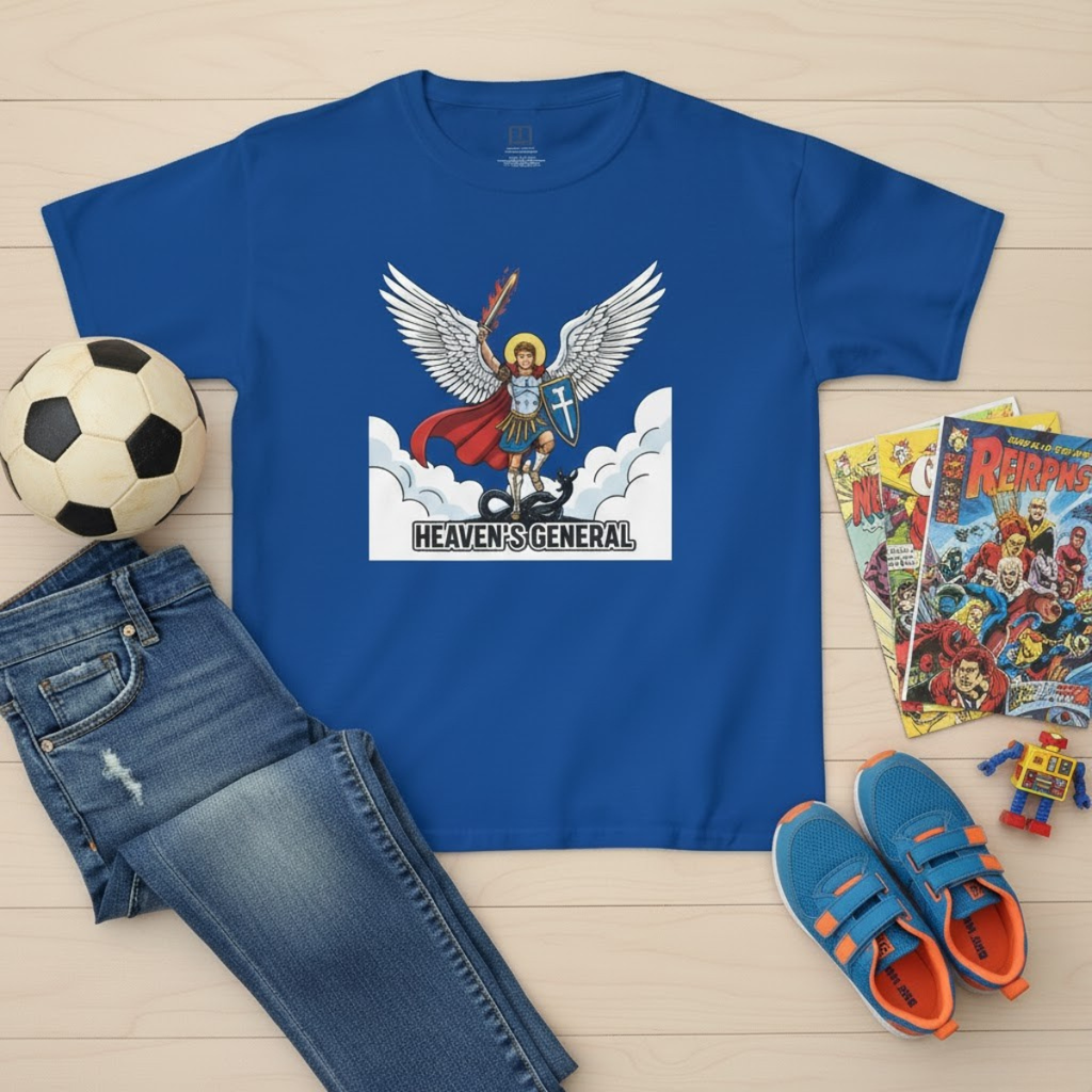 Camiseta de San Miguel Arcángel para niño | Camiseta cristiana Heaven's General para niño